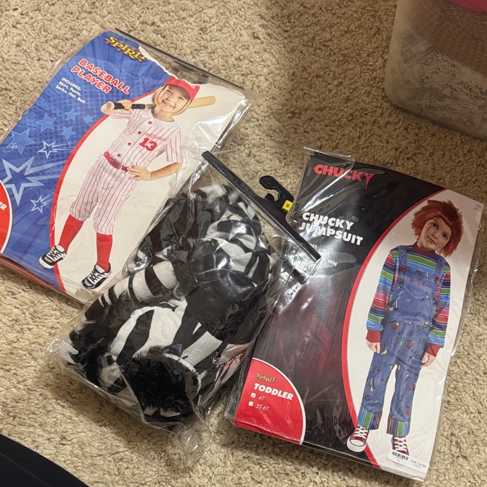 4T Toddler Costume Lot - chucky, zebra and baseball player costumes set